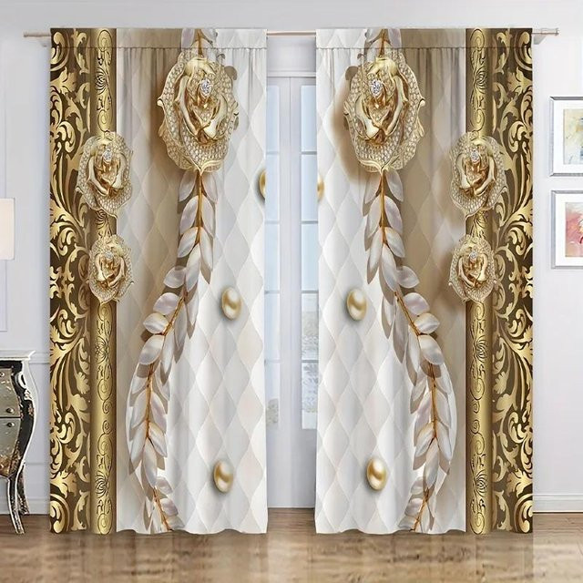 2er-Set Yiran Furniture Vorhänge mit goldenem Blumenmuster in Weiß, semi-transparent, Breite: 60 cm, Höhe: 150 cm - Bild 1