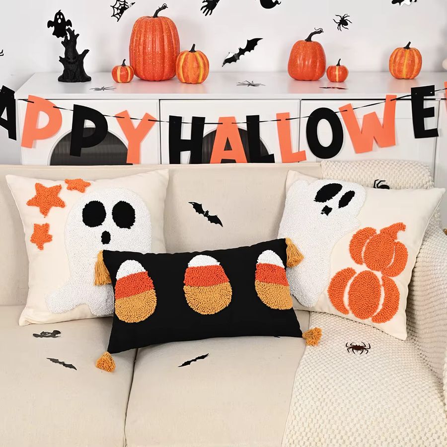 BUYNOW Halloween Kissenbezug aus Samt mit dreidimensionalem Geistenei Design in Schwarz für dein Wohnzimmer oder Sofa - Bild 2