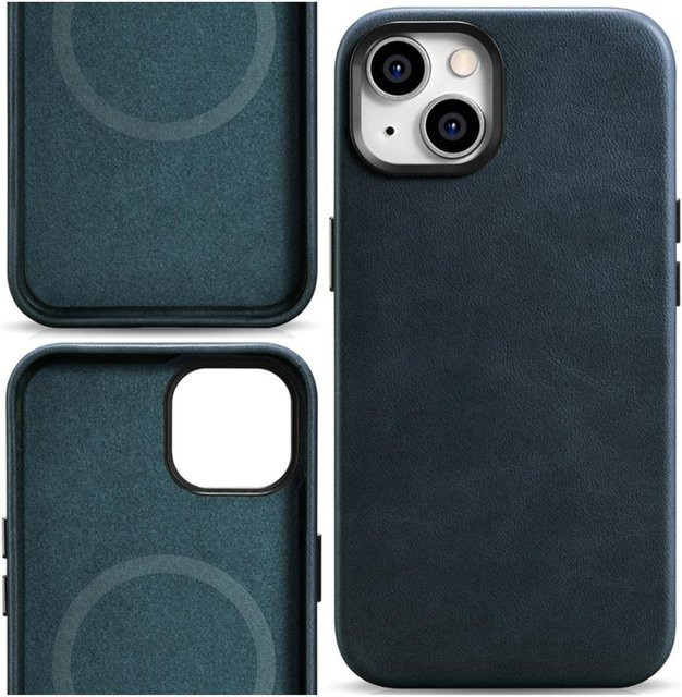 iCarer Premium Lederhülle für iPhone 14 Plus aus Öl-Wachs Leder mit MagSafe in Dunkelblau - Bild 1