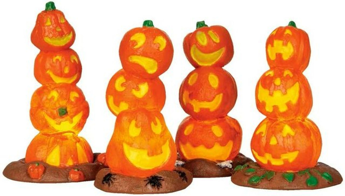 Lemax Light Up Pumpkin Stack Set aus 4 Teilen, Halloween Dekoration in Orange und Grau - Bild 1