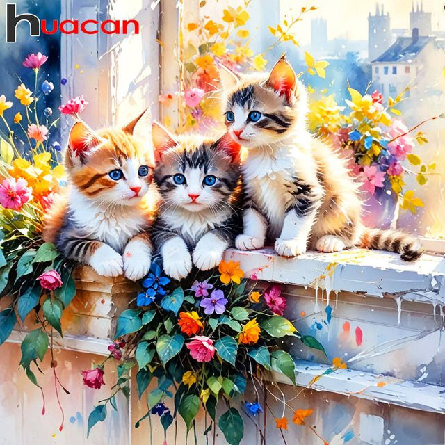 Huacan DIY Diamantmalerei Set Katze mit Blumen als Mosaik-Tierdekor in Multicolour, Breite: 20 cm, Höhe: 20 cm - Bild 1