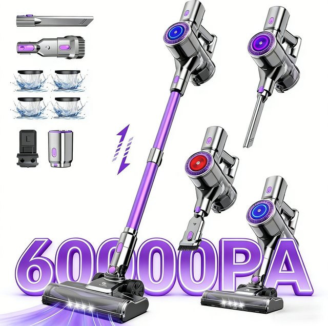 Vortisys Kabelloser Stabstaubsauger mit 60KPA Saugkraft, LED-Bürste und Anti-Verwicklungs-Roller, bagless, Blau - Bild 1