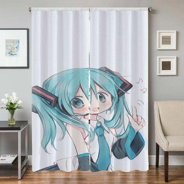 Hatsune Miku Verdunkelungsvorhänge Set aus 2 Stück, halbtransparentes Design, Mehrfarbig, Breite: 50 cm, Höhe: 70 cm - Bild 1