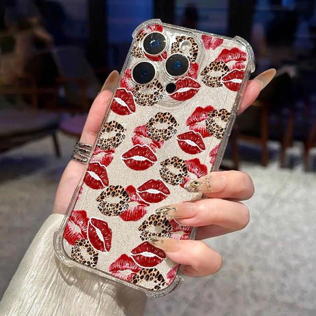 Glitzernde iPhone Handyhülle mit Schwarz-rotem Lippen-Kuss-Print aus transparentem Silikon für Apple iPhone 17, 16, 15, 14, 13, 12, 11 und Pro Max Modelle - Bild 1