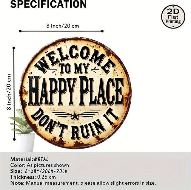 Potdemiel Vintage Metall-Wandschild rund Welcome to My Happy Place, Don't Destroy It Durchmesser: 20,32 cm - Bild 1