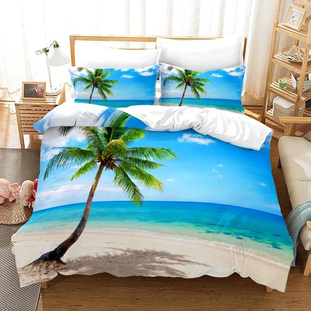 Bettbezug Set JMG Household Supplies Strand Sonnenuntergang mit Palmen und Meer, Queen Size, Blau/Mehrfarbig, B/H: 140 x 200 cm - Bild 1