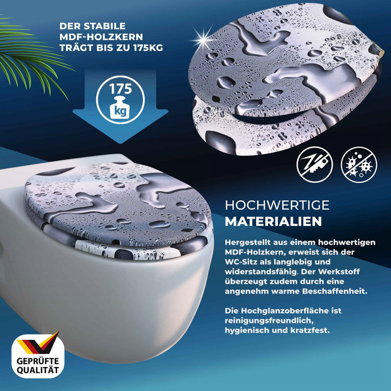 Casaria Toilettensitz Waterdrops mit Absenkautomatik in Schwarz/Mehrfarbig, Form: Rund, B/T/H: 45,7 x 43,5 x 43,5 cm - Bild 3