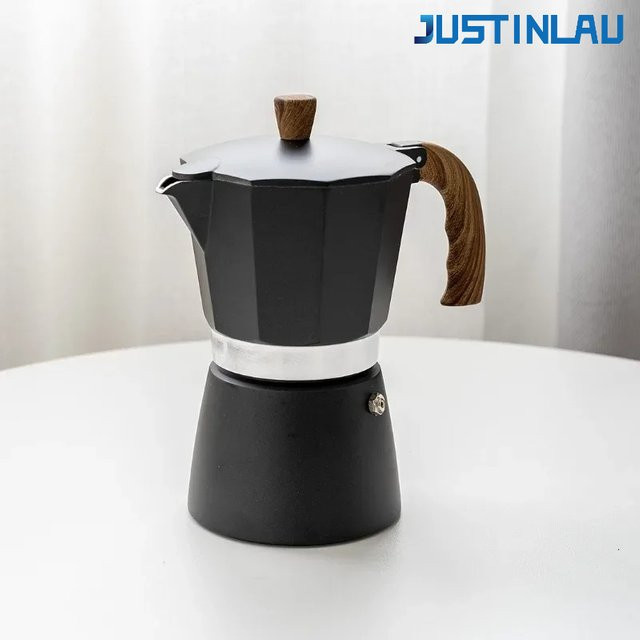 JUSTINLAU Moka-Topf aus Aluminium in Schwarz mit italienischem Holzgriff für Espresso und Kaffee - Bild 1