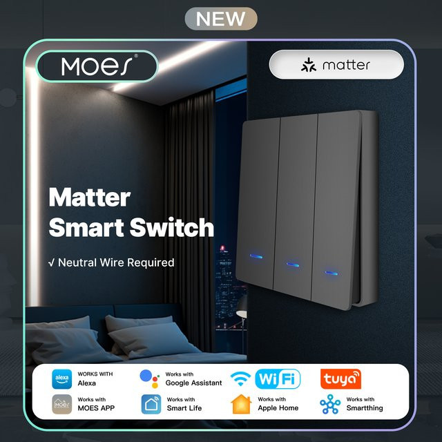 MOES Smart Light Switch EU WiFi Tuya Matter mit App- und Sprachsteuerung für Alexa, Google Assistant und Apple HomeKit - Bild 1