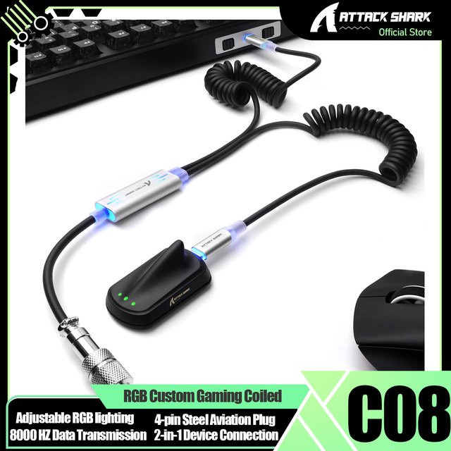 Attack Shark C08 Dual USB-C RGB Spiralkabel mit Aviator-Anschluss für Tastaturen, 8K Schnelllade-Datenkabel, Schwarz/Grau - Bild 1