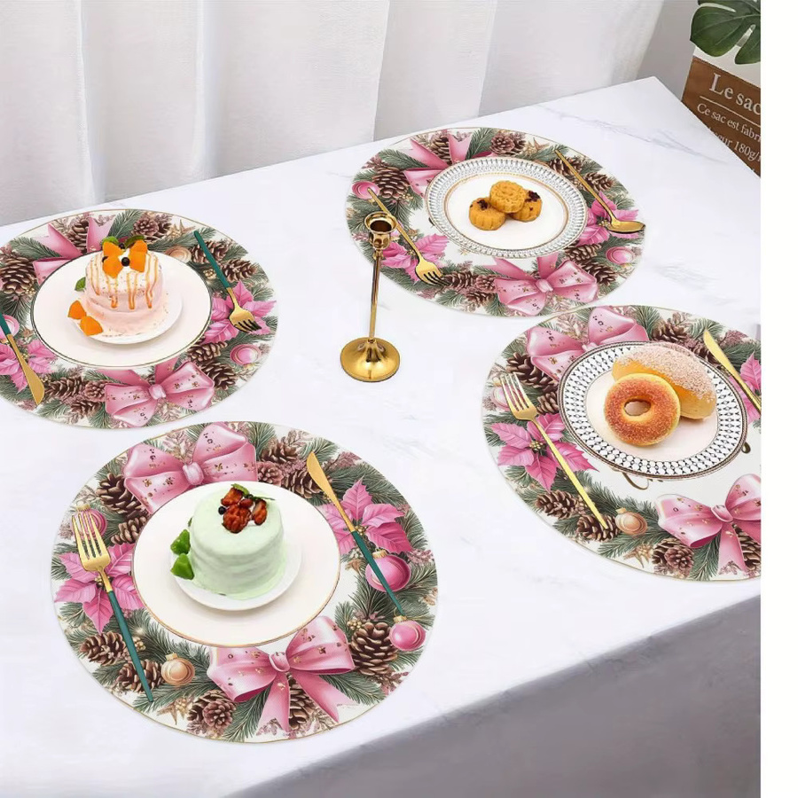 VIKAMA Weihnachts-Tischset mit Blumenkranz und roten Tannenzapfen, waschbar und hitzebeständig, rund, mehrfarbig - Bild 2