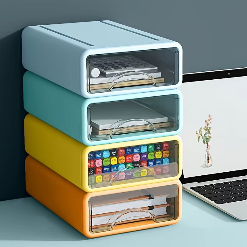 Stapelbare Desktop-Aufbewahrungsboxen mit transparenten Schubladen aus Kunststoff in Orange für Bürobedarf und Kosmetika - Bild 2