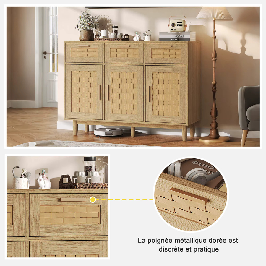 Superaly Rattan-Kommode in Eichenfarbe mit 3 Türen und 3 Schubladen, Sideboard aus Holz-Optik für Wohnzimmer und Küche, B/T/H: 108 x 40 x 80 cm - Bild 5