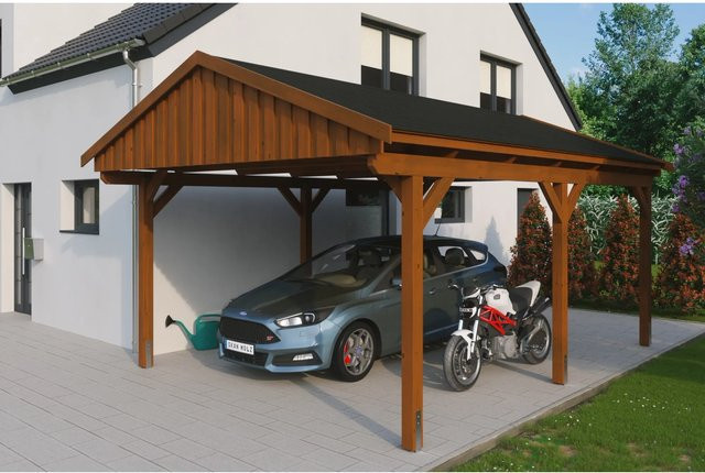Skan Holz Carport Fichtelberg aus Fichte Leimholz in Braun mit spitzer Dachform und Dachschindeln, B/T: 423 x 566 cm, Höhe: 326 cm - Bild 1