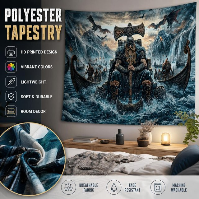 Wikinger Drachenaxt Wandteppich mit epischem Kriegerschiff von JMG Household Supplies, Blau, B: 150 cm, H: 200 cm - Bild 1