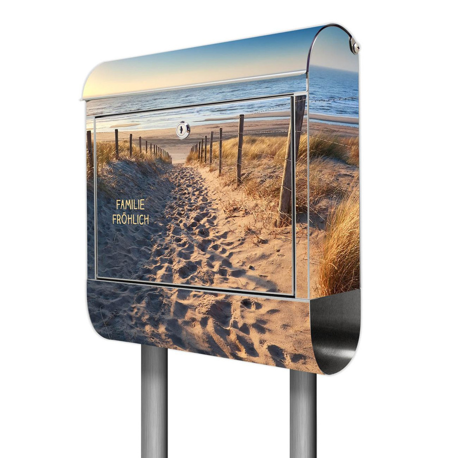 banjado Edelstahl Standbriefkasten personalisiert mit Motiv Nordseestrand, Farbe: bunt, H x B x T: 161,5 x 38 x 14 cm - Bild 1
