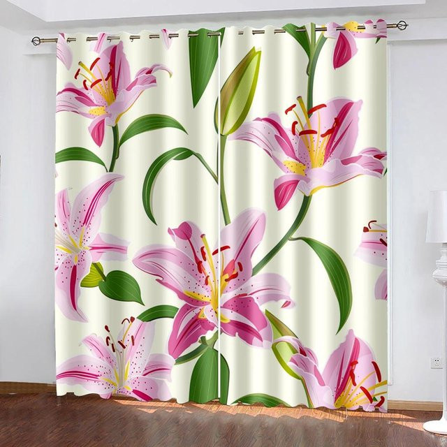 Yiran Furniture Verdunkelungsvorhänge mit Lilien-Blumenmuster in Rosa, Breite: 55 cm, Höhe: 120 cm, 2er-Set - Bild 1