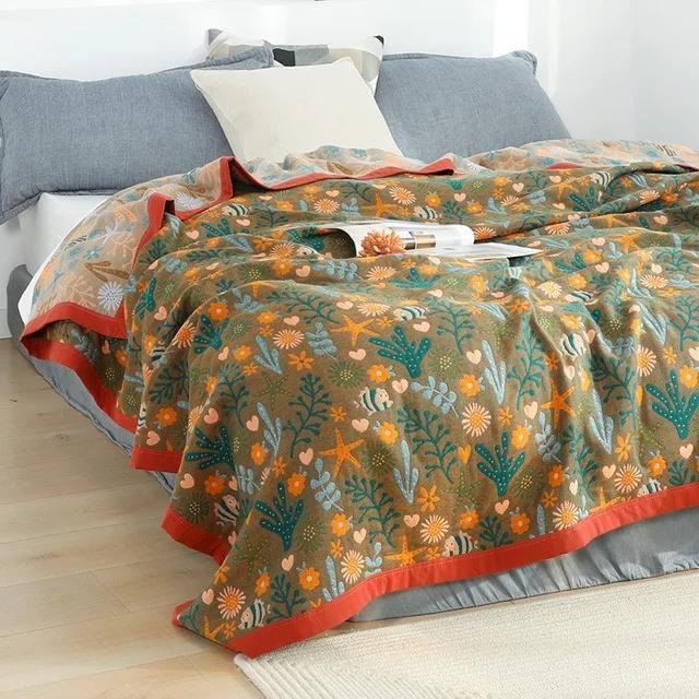 Japanische Baumwolldecke mit Blumenmuster im Boho-Stil, weiche Gaze-Tagesdecke für Sommer und Freizeit, Mehrfarbig, B/B: 200 x 230 cm - Bild 1