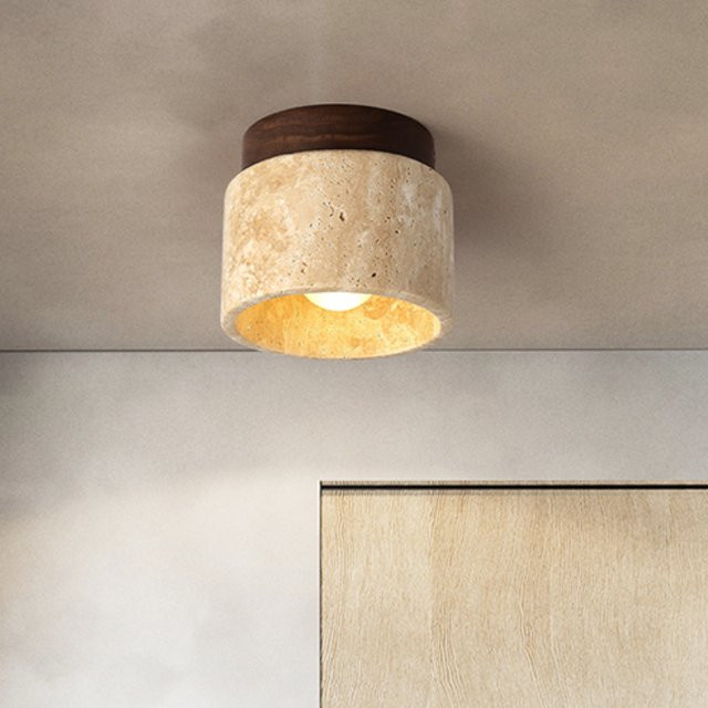 Runde LED Deckenleuchte im japanischen Stil aus Stein und Holz in Beige und Braun für Wohnzimmer, Korridor und Balkon - Bild 1