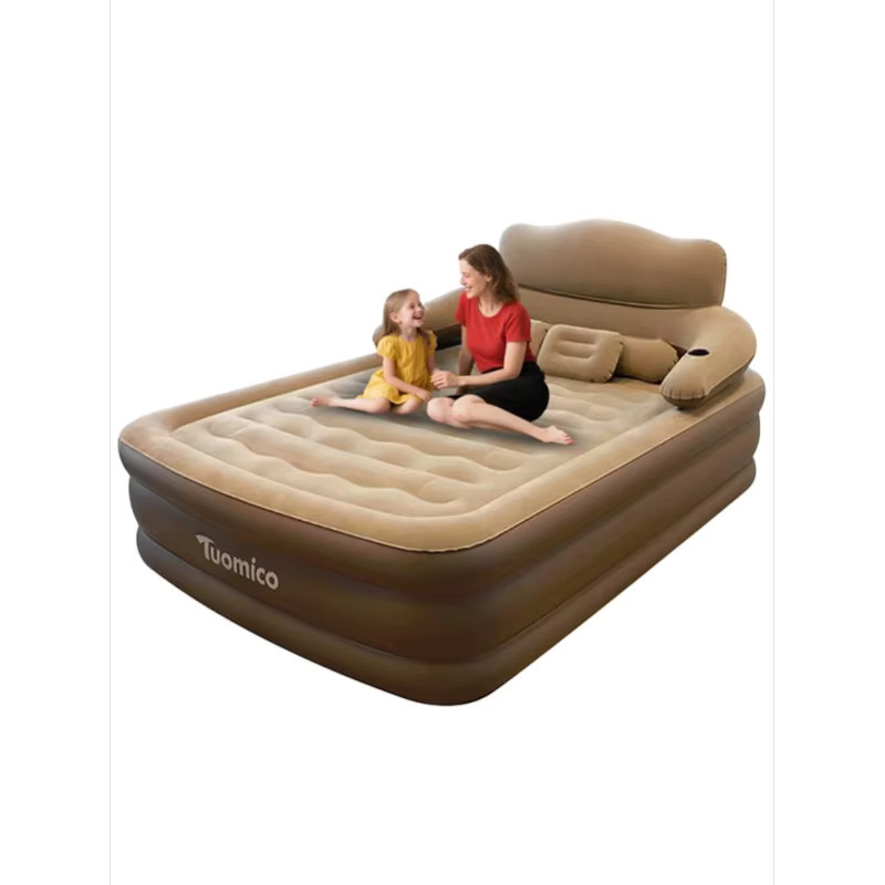 Tragbares Luftkissenbett mit Kopfteil in Beige, aufblasbare Matratze für Camping und Zuhause, B/T: 150 x 200 cm - Bild 5