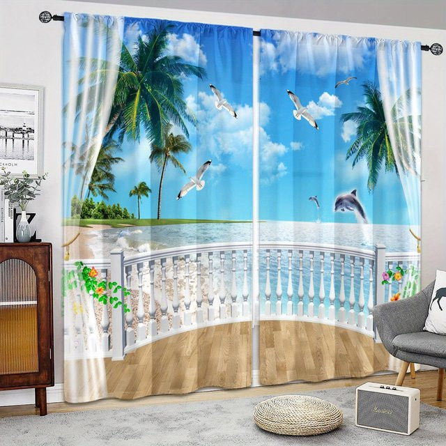 2er-Set halbtransparente Vorhänge von A Family Of Home Textiles mit blauem Strandlandschafts-Aufdruck und Ösen, Breite: 50 cm, Höhe: 130 cm - Bild 1
