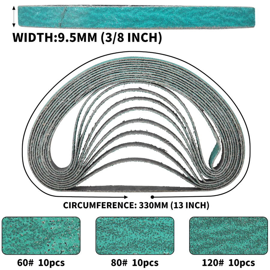 NuoDunco Schleifband Set 10 Stück für Metall und Holz, Körnung P60/P80/P120, Breite: 10 mm, Länge: 330 mm - Bild 2