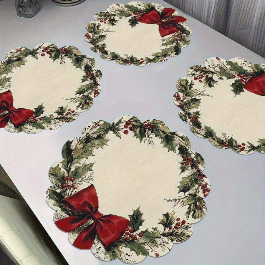 VIKAMA 4er-Set Weihnachts-Tischdeko mit Holly Berry Motiv und Wellenrand in Mehrfarbig - Bild 3