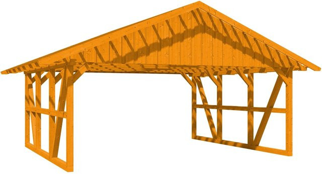 Skan Holz Carport Schwarzwald aus Fichtenholz mit Satteldach und Dachlattung in Eiche Hell, B: 684 cm, T: 600 cm - Bild 1