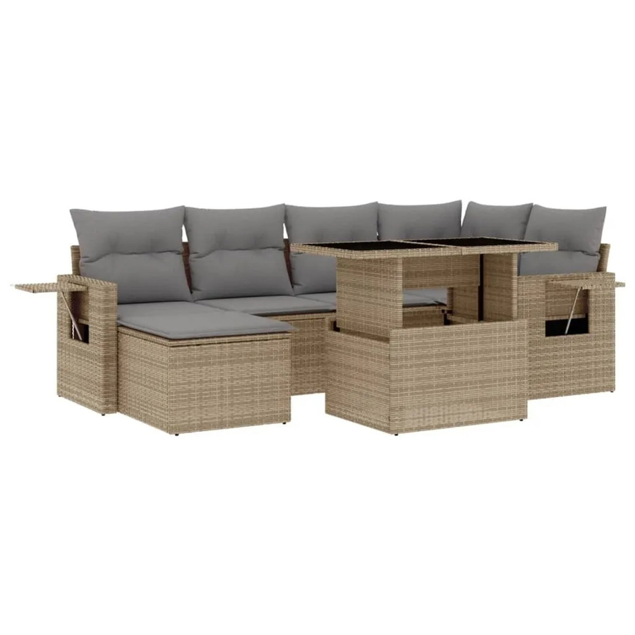 vidaXL 7-tlg Garten-Sofagarnitur in L-Form aus Polyrattan mit Kissen, Beige - Bild 2