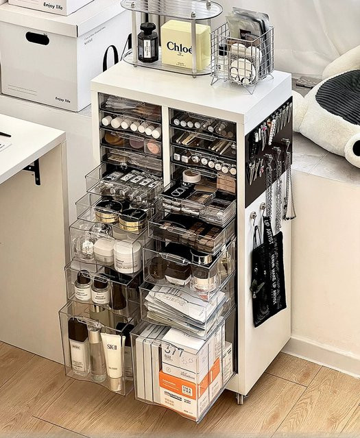 XMSJ Kosmetik-Organizer Regal aus Eisen in Weiß mit Rollen und Schubladen, freistehend und beweglich - Bild 1