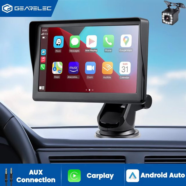 Gearelec Tragbarer Multimedia-Videoplayer mit 7 Zoll Touchscreen, CarPlay und Android Auto, Schwarz, USB-C Anschluss für Rückfahrkamera - Bild 1