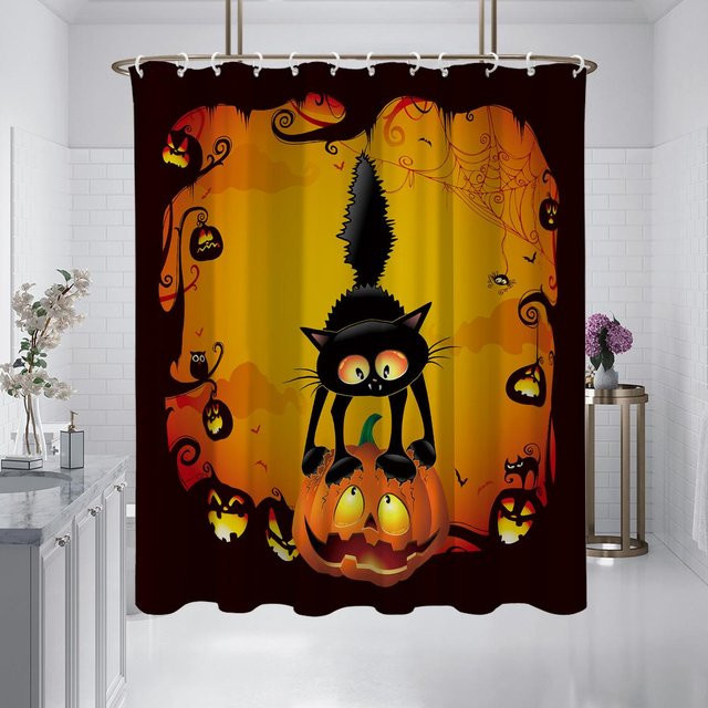 Halloween Duschvorhang mit Kürbis- und Schwarzkatzendruck, wasserdicht und schimmelresistent, Orange/Schwarz, B/H: 180 x 180 cm - Bild 1