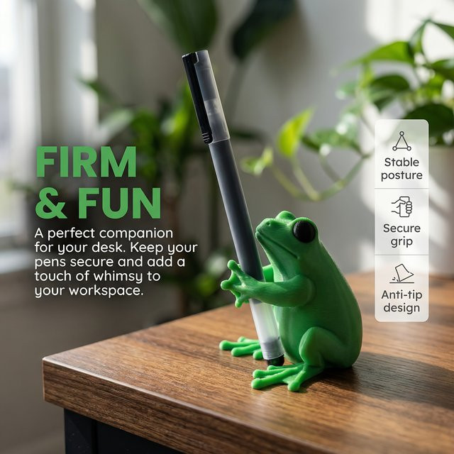 Grüner Frosch-Stifthalter aus Kunststoff im 3D-Design als lustige Schreibwaren-Aufbewahrungsbox für deinen Schreibtisch - Bild 1
