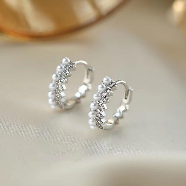 Creolen 925 Silber, Zirkonia, Perle, Damen, grau - Bild 1