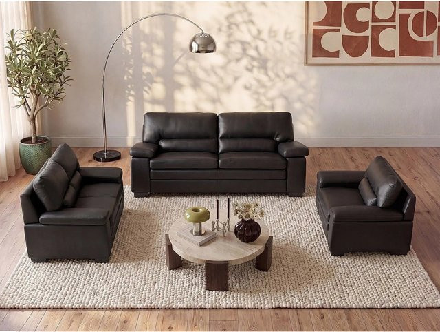 Vente-unique Couchgarnitur Mimas in Schwarz mit 3-Sitzer-Sofa, 2-Sitzer-Sofa und Sessel aus Kunstleder, B/T/H: 210 x 168 x 104 cm - Bild 1