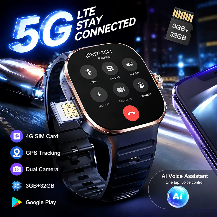 GUHUAVMI Android Smartwatch mit 5G/4G Vollnetz, 3GB RAM + 32GB Speicher, HD-Kamera, Videoanruf, WIFI, NFC und GPS in Schwarz - Bild 4