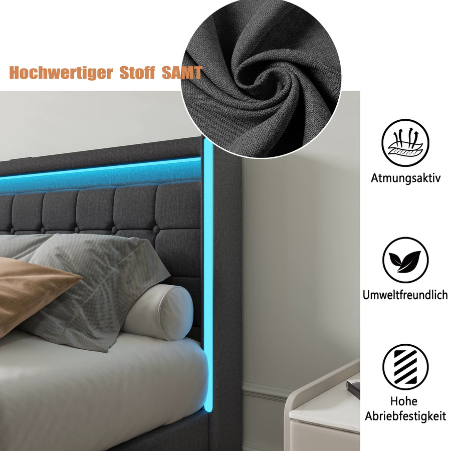 Rosahqnda Modernes Doppelbett mit Schubladen, LED-Beleuchtung und USB-Anschluss, Massivmetall und Leinen, Dunkelgrau, 160 x 200 cm - Bild 4