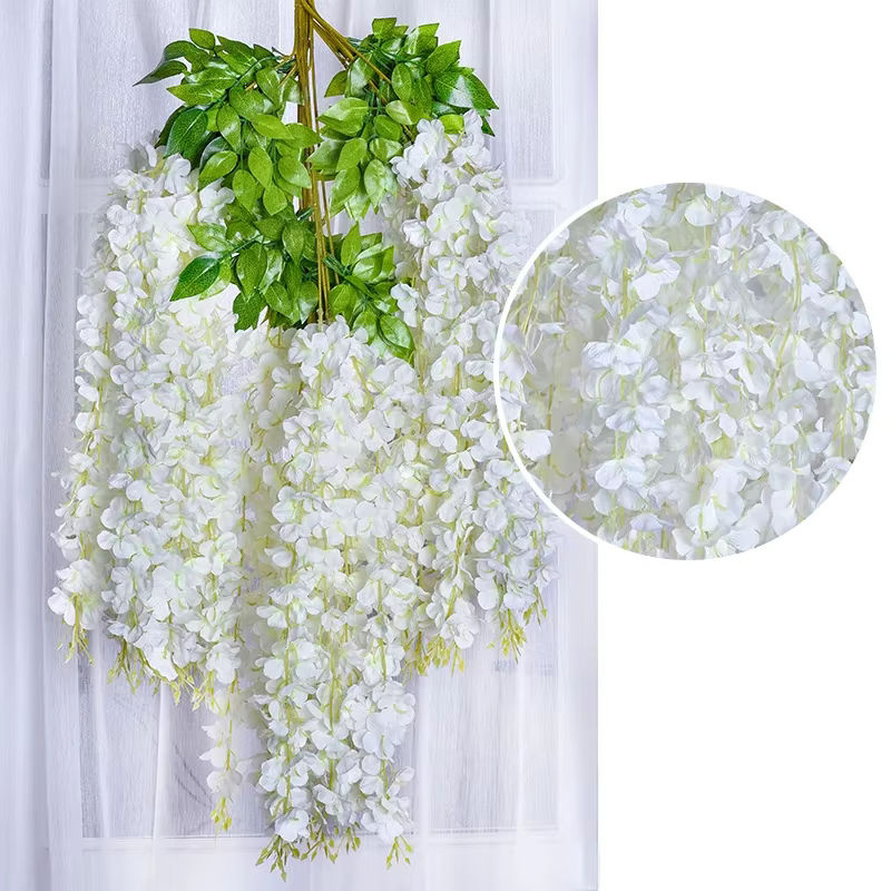 Künstliche Glyzinien-Blumen in Weiß als hängende Seiden-Girlande aus Rattan und Textil für deine Dekoration bei Hochzeiten oder zu Hause, Länge: 220 cm - Bild 3