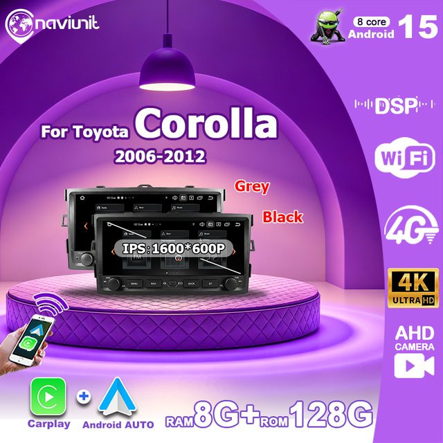 Naviunit Android 15 Autoradio mit 10,26 Zoll Bildschirm für Toyota Auris und Corolla 2006-2012, 8-Kern Wireless Carplay, Bluetooth und GPS, Schwarz - Bild 1