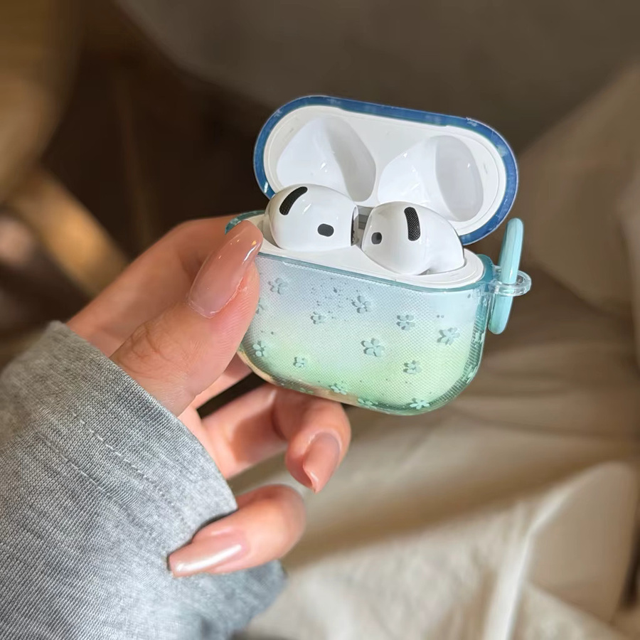 Transparente Kopfhörer-Schutzhülle für Apple AirPods 1, 2, 3, 4 und Pro/Pro 2 mit blau-grünem Farbverlauf und Blumenmuster - Bild 3