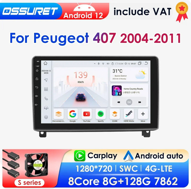 OSSURET Android Auto Stereo Multimedia Autoradio mit GPS Navigation und Carplay für Peugeot 2004 bis 2018, Schwarz, 128 GB, 8 GB RAM, 2 Din - Bild 1