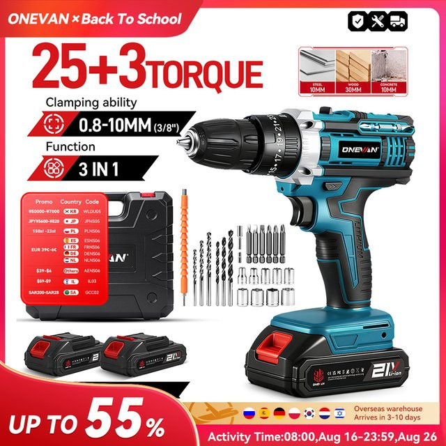 ONEVAN Multifunktionaler Akku-Bohrhammer mit 25+3 Drehmomentstufen, kompatibel mit Makita 18V Akku, Blau/Rot - Bild 1