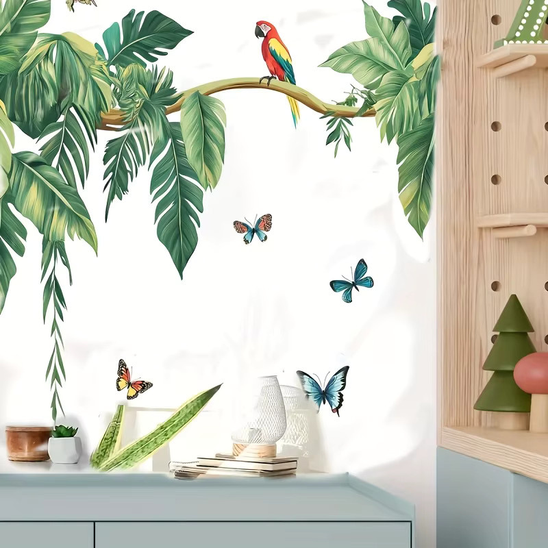 Duruibom Wandtattoo Tropischer Papagei mit Schmetterling und Palmen in Grün für Schlafzimmer, Badezimmer und Küche - Bild 3