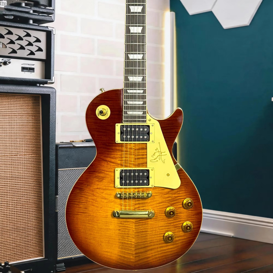 OUCEY Gary Moore Signature LPQ E-Gitarre mit Tiger Flame Maple Decke in Iced Tea Burst und Goldfarbener Hardware - Bild 3