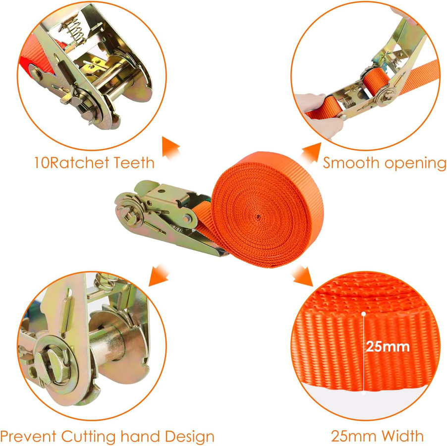 TLGREEN Ratschengurte 10er-Pack in Orange, 6 m x 25 mm, 800 kg Tragkraft mit Sicherheitsverriegelung - Bild 3