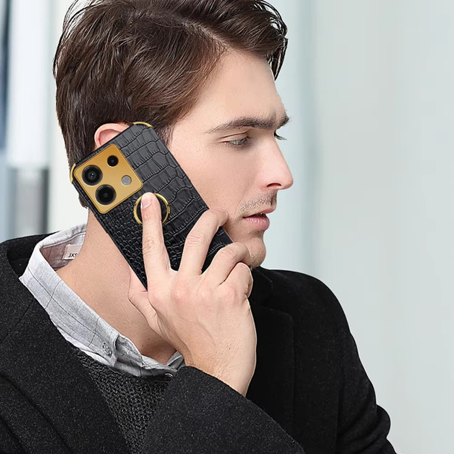 Stoßfeste Ledertasche mit 6D-Beschichtung und Goldrahmen für Xiaomi Redmi Note 13 Pro 5G und POCO X6 Pro 5G mit Magnethalter-Ring in Weiß und Gold - Bild 3