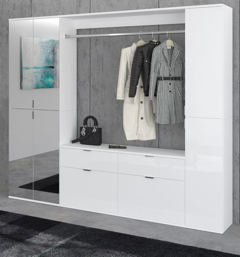 Inn.Furn Garderoben-Set SystemX in Weiß Hochglanz mit Spiegel und Schuhschrank B/H: 212 x 193 cm - Bild 2