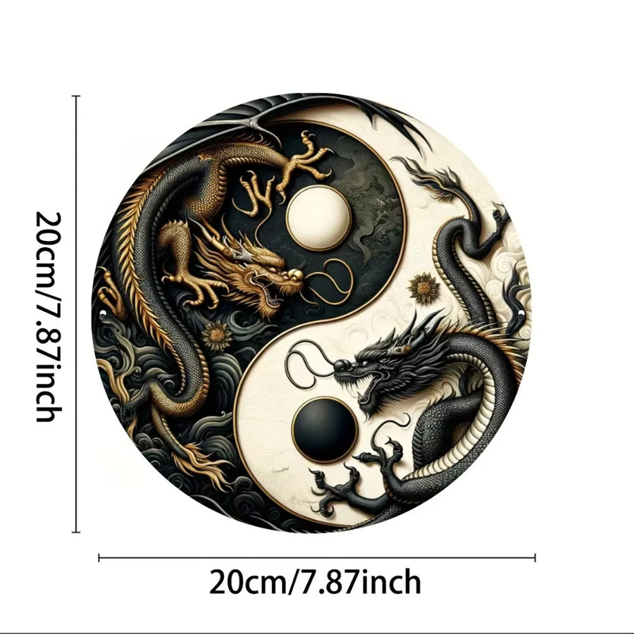 Potdemiel Metallschild Yin-Yang mit chinesischem Drachen in Schwarz-Weiß, runde orientalische Wandkunst, Durchmesser: 20 cm - Bild 2