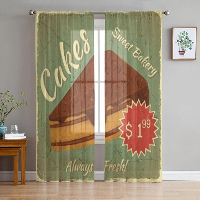 Transparentes Voile-Tüllvorhang Design Retro-Menükarte mit Stück Kuchen für Wohnzimmer und Schlafzimmer B: 135 cm, H: 114 cm - Bild 1
