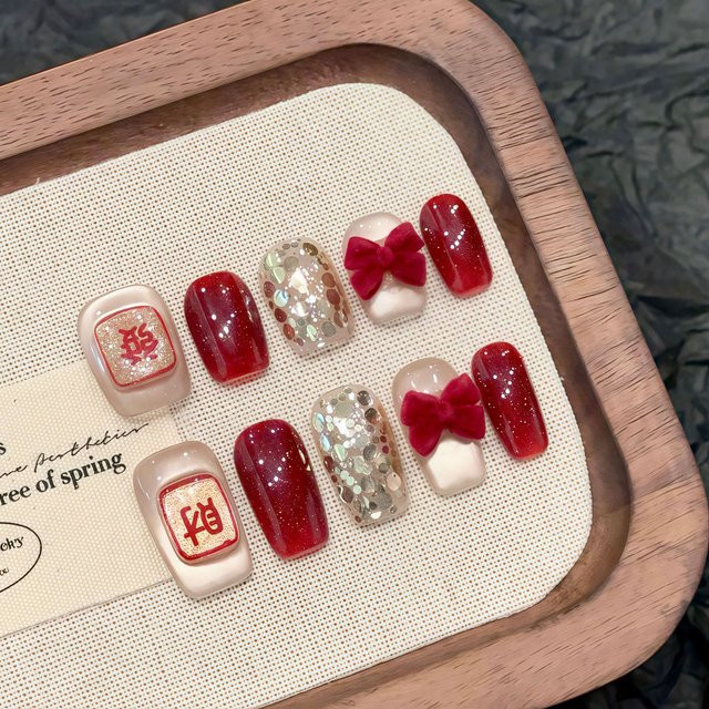YADORNOS Press on Nails, Rot, Glitzer Pailletten, Schimmernd, Unisex - Bild 1